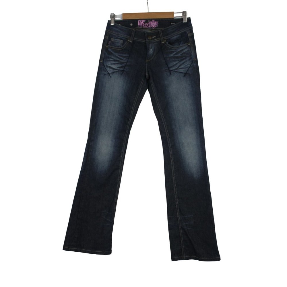 Express Be Rock women's embroidered vintage wash boot cut‎ low-rise jeans 4